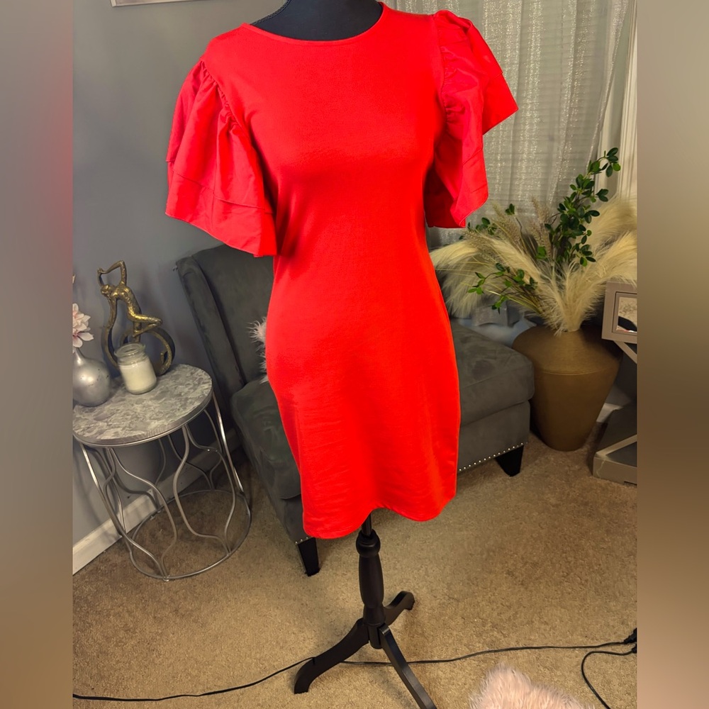 Red ruffle shoulder, short sleeve Zara mini dress - NWT